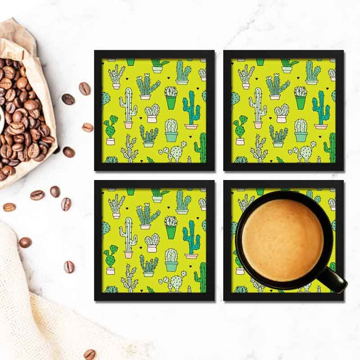 Cute Mini Cactus Garden Succulents Plant Lover Mint Yellow Green Pattern Framed Coasters Set - Coasters For Coffee Table Dining Table Bar & Tea-thesqueakystore.myshopify.com