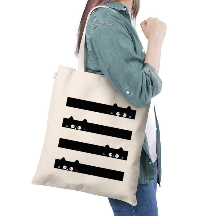 Cute Kittens Pattern Stripes Simple Animal Lover Multipurpose Printed Canvas Tote Bag-thesqueakystore.myshopify.com