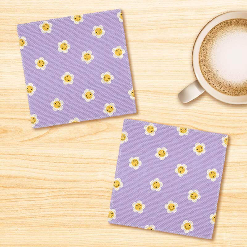 Pastel Lilac Smiling Daisies Floral Pattern Linen Fabric Coasters Set - For Coffee Table Dining Table Bar & Tea