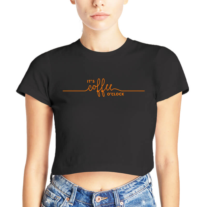 It's Coffee O'clock Caffeine Cappuccino Lover Quote Printed Quote Black | Half Sleeves | Round Neck | Cotton | Women's Crop Top-thesqueakystore.myshopify.com