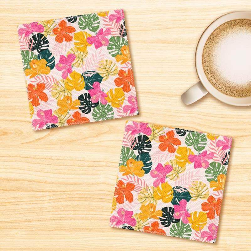 Colorful Tropical Leaves & Floral Pattern Linen Fabric Coasters Set - For Coffee Table Dining Table Bar & Tea