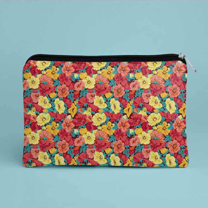 Warm Pretty Flowers Red Orange Yellow Floral Pattern Designer Printed Multipurpose Pouch