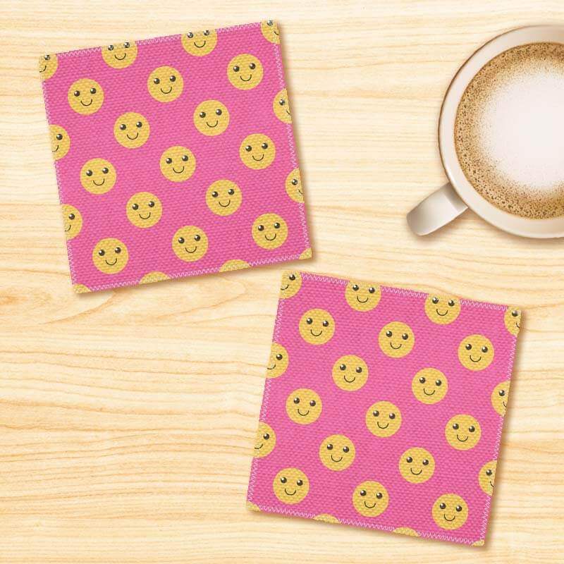 Happy Cute Smileys Pink Color Linen Fabric Coasters Set - For Coffee Table Dining Table Bar & Tea