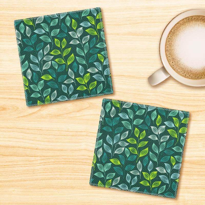 Pretty Green Leaves Pattern Linen Fabric Coasters Set - For Coffee Table Dining Table Bar & Tea