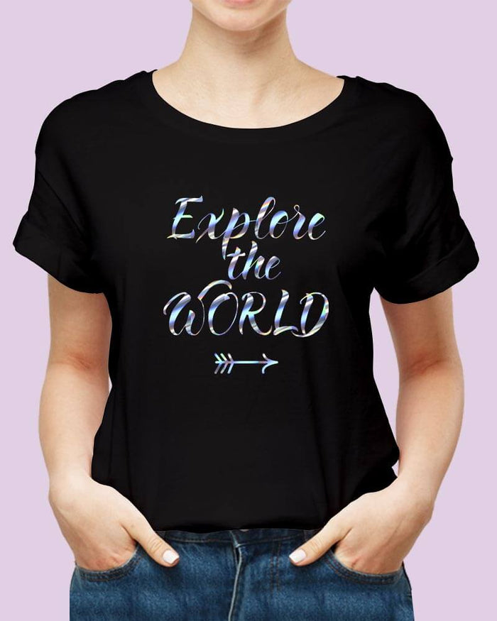 Explore The World Travel Quote Holographic Print Unisex Tshirt - The Squeaky Store