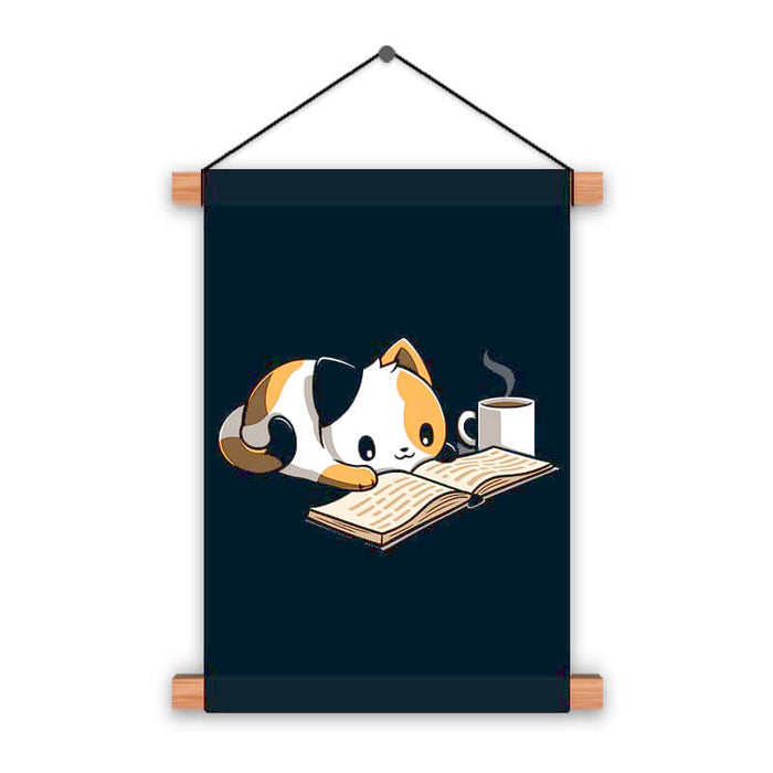 Cute Cat Reading Book Coffee Love Animal Lover Poster Printed Wall Hanging - The Squeaky Store