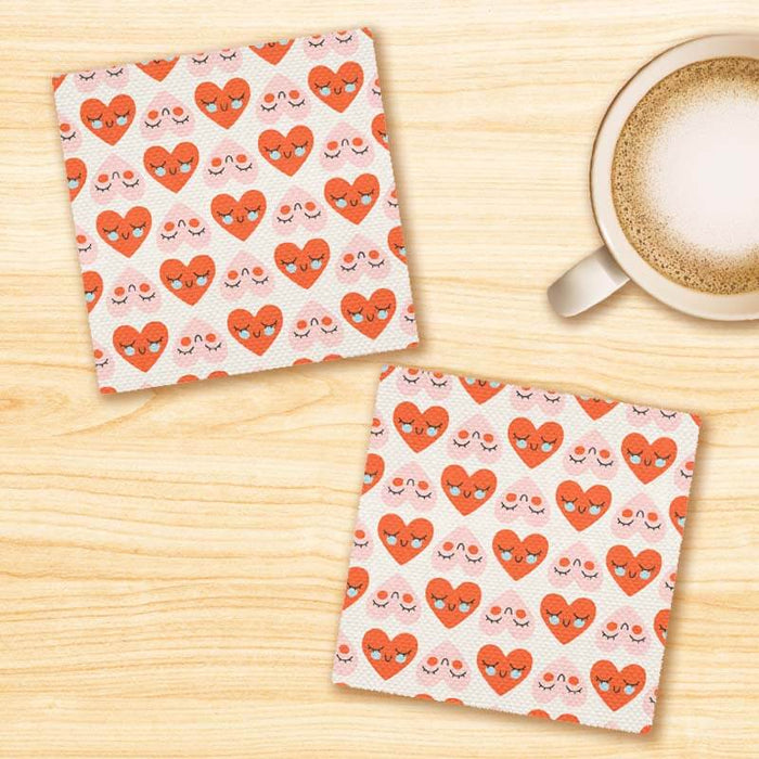 Smiley Hearts Quirky Linen Fabric Coasters Set - For Coffee Table Dining Table Bar & Tea