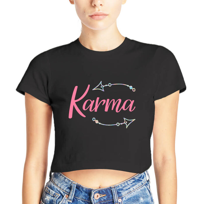 Karma Printed Quote Black | Half Sleeves | Round Neck | Cotton | Women's Crop Top-thesqueakystore.myshopify.com