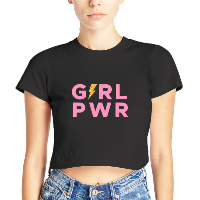GIRL PWR Feminist Printed Quote Black | Half Sleeves | Round Neck | Cotton | Women's Crop Top-thesqueakystore.myshopify.com