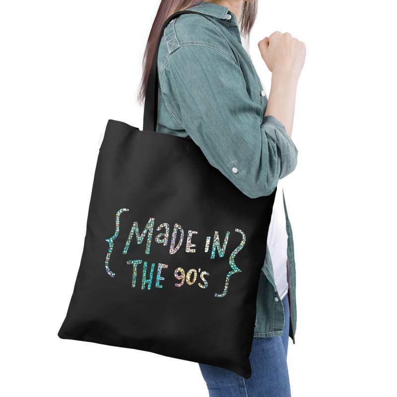 Made In The 90s Kids Nostalgic Childhood Quote Slogan Holographic Multipurpose Printed Canvas Tote Bag-thesqueakystore.myshopify.com