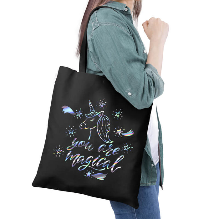 You Are Magical Unicorn Positive Quote Slogan Holographic Multipurpose Printed Canvas Tote Bag-thesqueakystore.myshopify.com