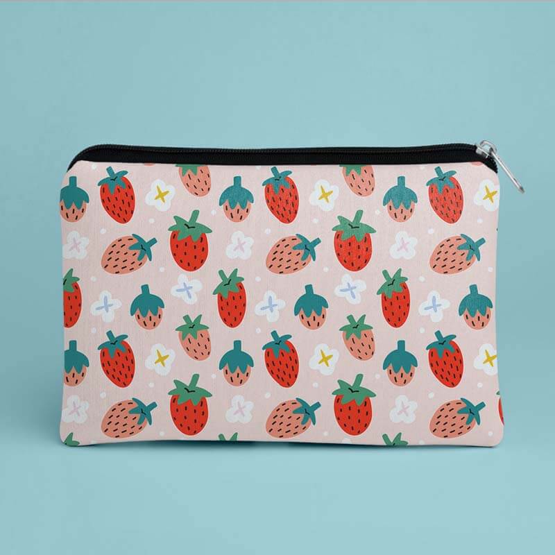 Cute Strawberries & Flowers Doodle Baby Pink Pattern Designer Printed Multipurpose Pouch