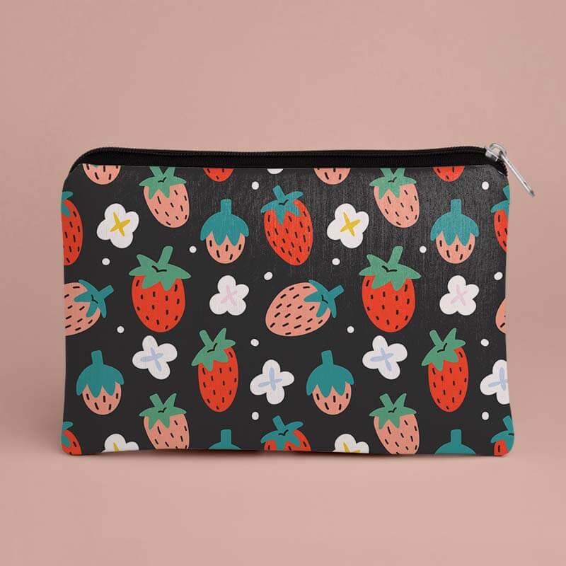 Cute Strawberries & Flowers Doodle Black Pattern Designer Printed Multipurpose Pouch