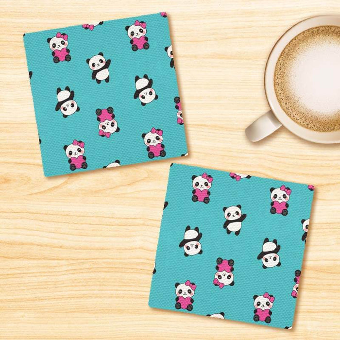 Cute Happy Baby Panda Couple Quirky Linen Fabric Coasters Set - For Coffee Table Dining Table Bar & Tea