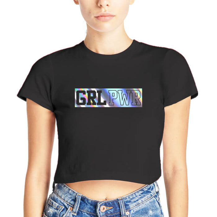 GRL PWR Feminist Holographic Printed Quote Black | Half Sleeves | Round Neck | Cotton | Women's Crop Top-thesqueakystore.myshopify.com