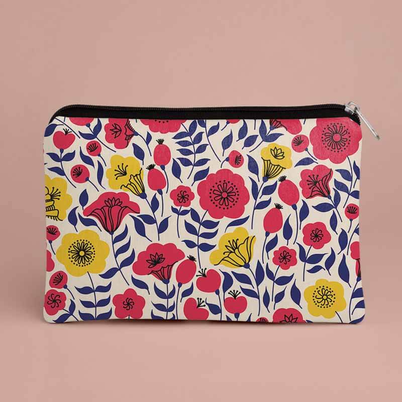Pretty Yellow & Red Floral Artistic Leaves Pattern Designer Printed Multipurpose Pouch