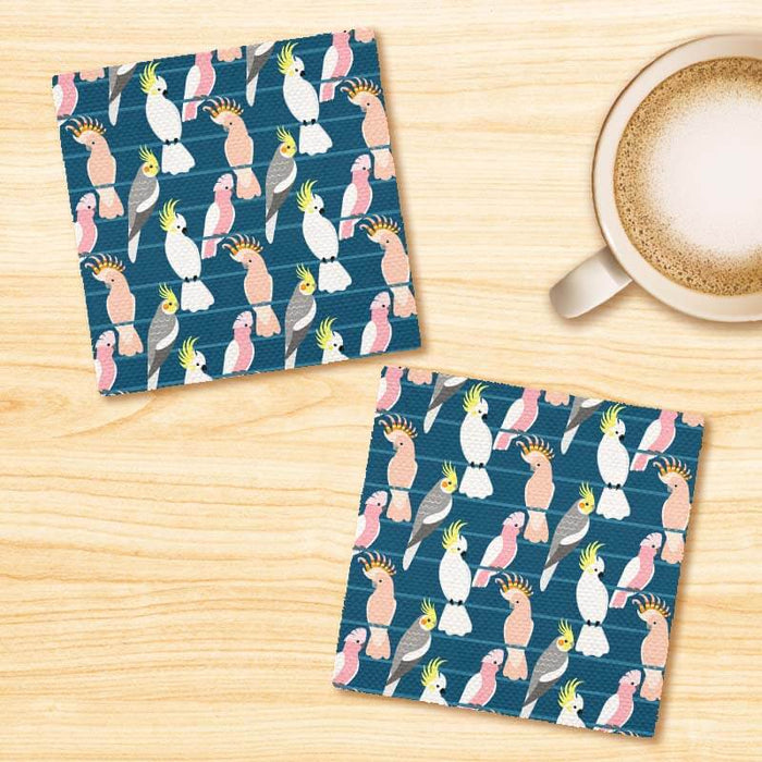 Pretty Cockatoo Parrot Birds Quirky Linen Fabric Coasters Set - For Coffee Table Dining Table Bar & Tea
