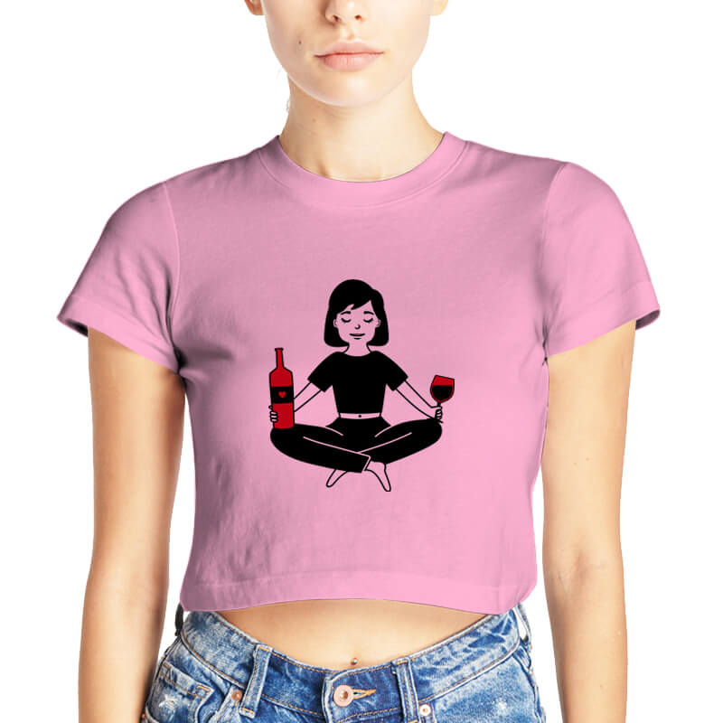 Yoga & Wine Lover Woman Printed Baby Pink | Half Sleeves | Round Neck | Cotton | Women's Crop Top-thesqueakystore.myshopify.com