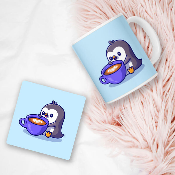 Pastel Blue Cute Penguin Cappuccino Coffee Animal Lover Printed Designer Mug & Coaster-thesqueakystore.myshopify.com