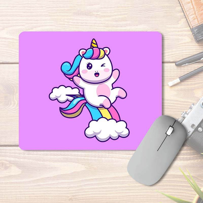 Happy Unicorn Sliding On A Rainbow Cloud | Purple | Animal Lover | Printed Mouse Pad