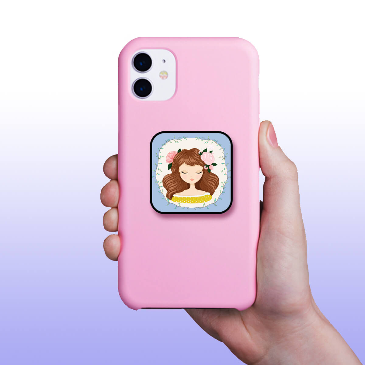 Pretty Brown Haired Girl With Pink Roses On Head Mobile Phone Grip Holder & Stand | Selfie Holder For Smart Phones