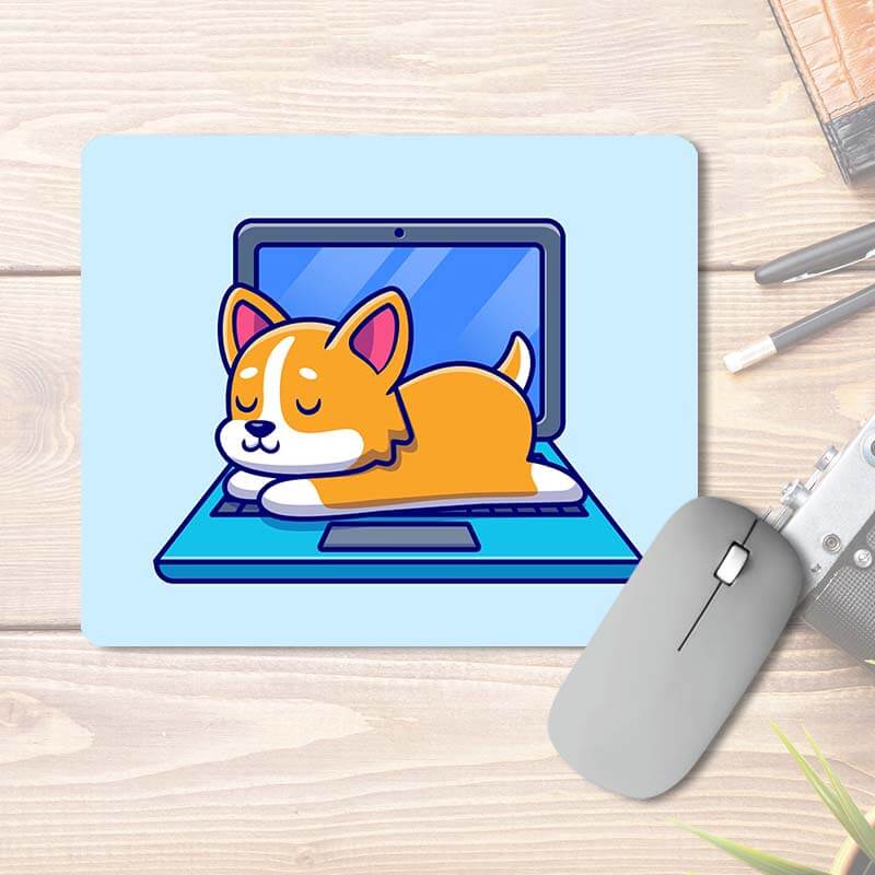 Lazy Baby Corgi Dog Sleeping On A Laptop | Quirky | Animal Lover | Printed Mouse Pad
