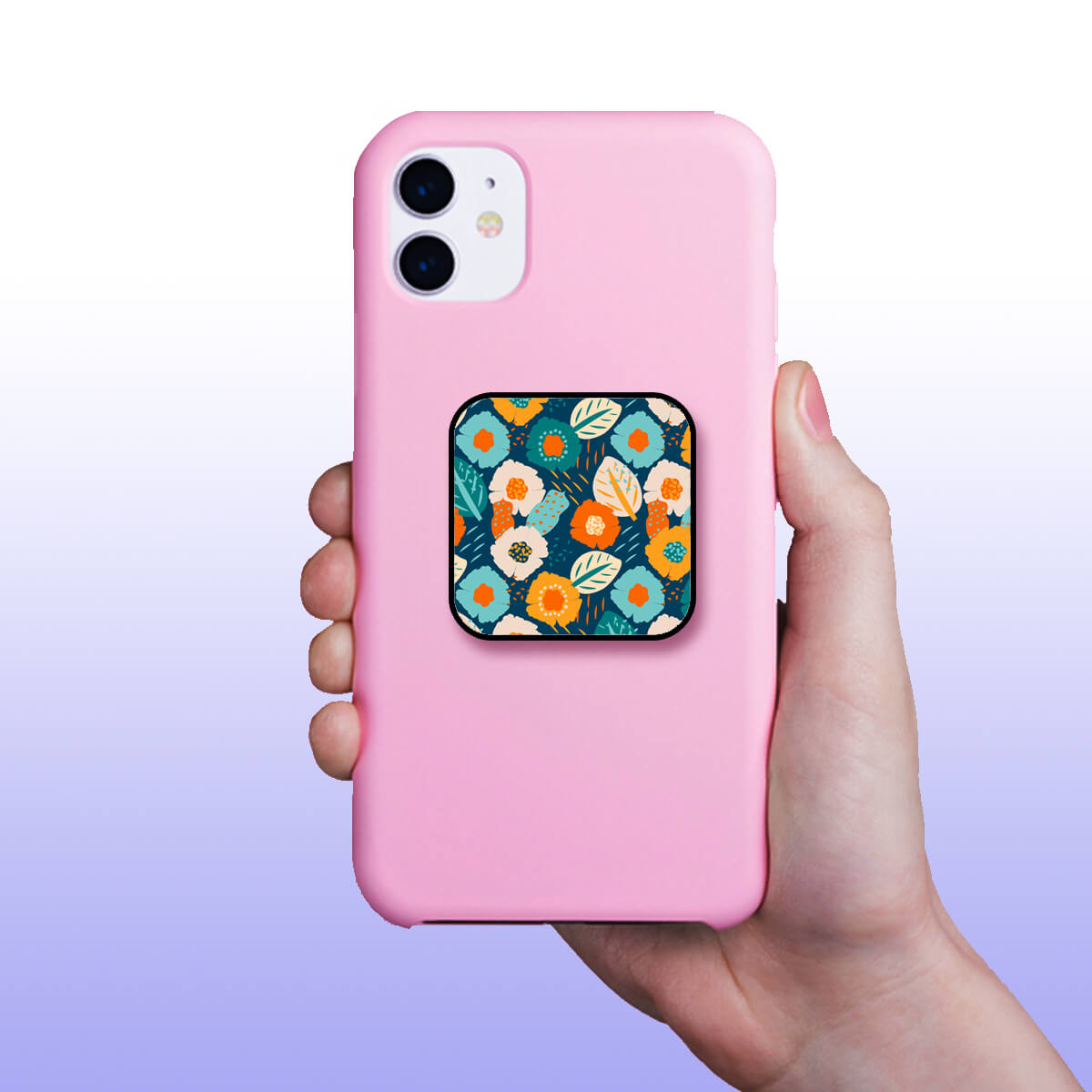 Lovely Blue & Orange Shade Flowers Floral Pattern Mobile Phone Grip Holder & Stand | Selfie Holder For Smart Phones