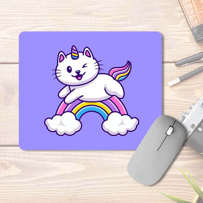 Baby Caticorn Cat & Unicorn Jumping Over A Rainbow | Animal Lover | Printed Mouse Pad