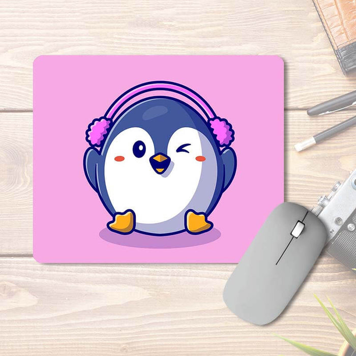 Baby Penguin Wearing Fuzzy Fur Ear Muffs | Quirky | Animal Lover | Printed Mouse Pad