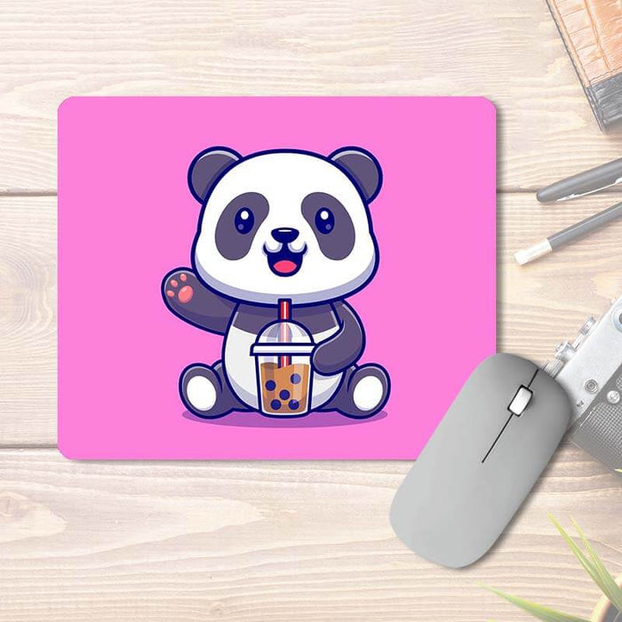 Baby Panda Waving & Sipping Bubble Tea | Pink | Animal Lover | Printed Mouse Pad