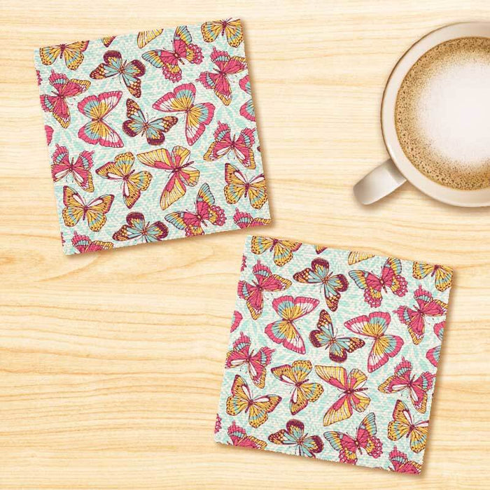 Vibrant Butterflies Pattern Linen Fabric Coasters Set - For Coffee Table Dining Table Bar & Tea