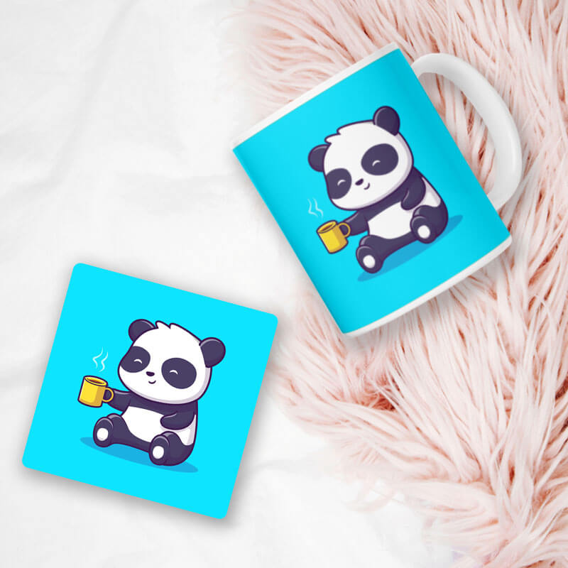 Cute Panda Having Chai Animal Lover Printed Designer Mug & Coaster-thesqueakystore.myshopify.com