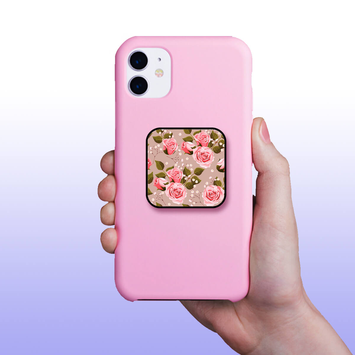 Pink Roses & Tiny Gypsophila Flowers Pastel Floral Pattern Mobile Phone Grip Holder & Stand | Selfie Holder For Smart Phones