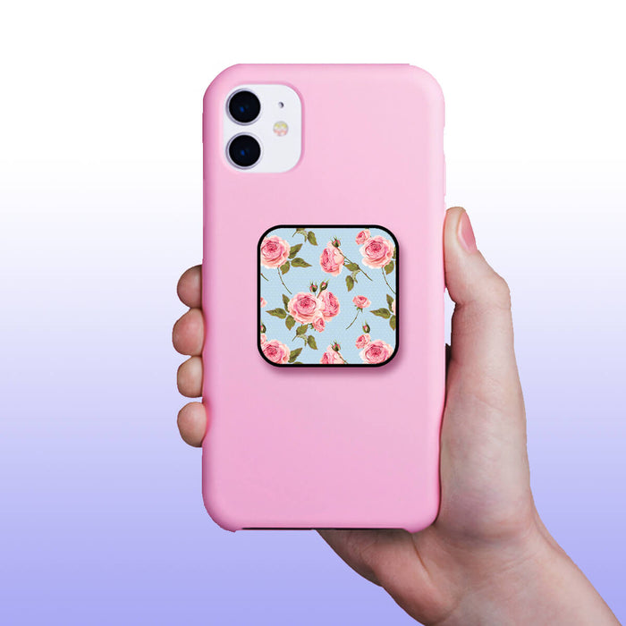 Beautiful Blooming Roses Floral Pastel Blue Pattern Mobile Phone Grip Holder & Stand | Selfie Holder For Smart Phones