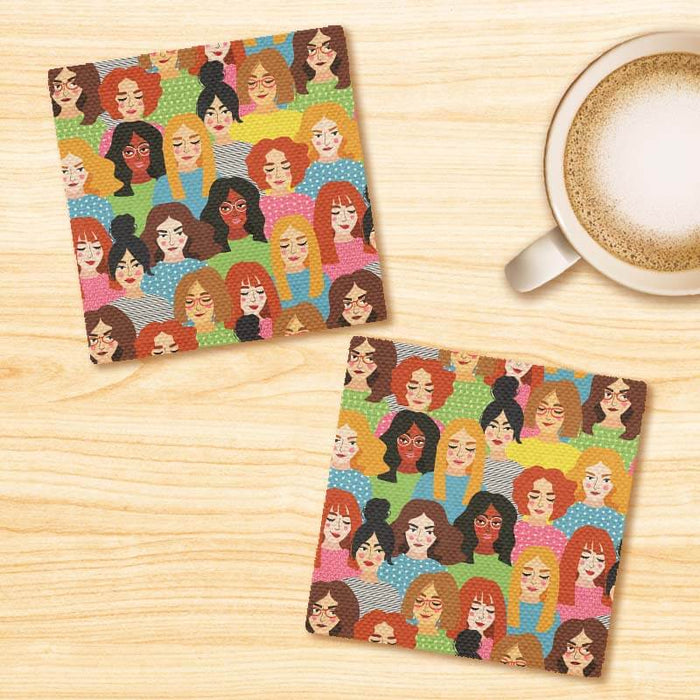 Pretty Women Feminine Beauty Quirky Pattern Linen Fabric Coasters Set - For Coffee Table Dining Table Bar & Tea