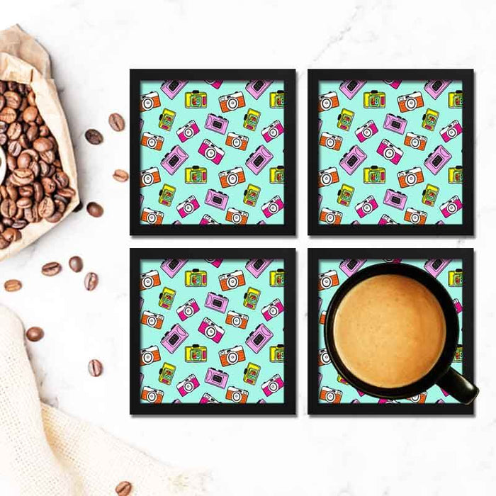 Vintage Retro Quirky Colorful Camera Pattern Framed Coasters Set - Coasters For Coffee Table Dining Table Bar & Tea-thesqueakystore.myshopify.com