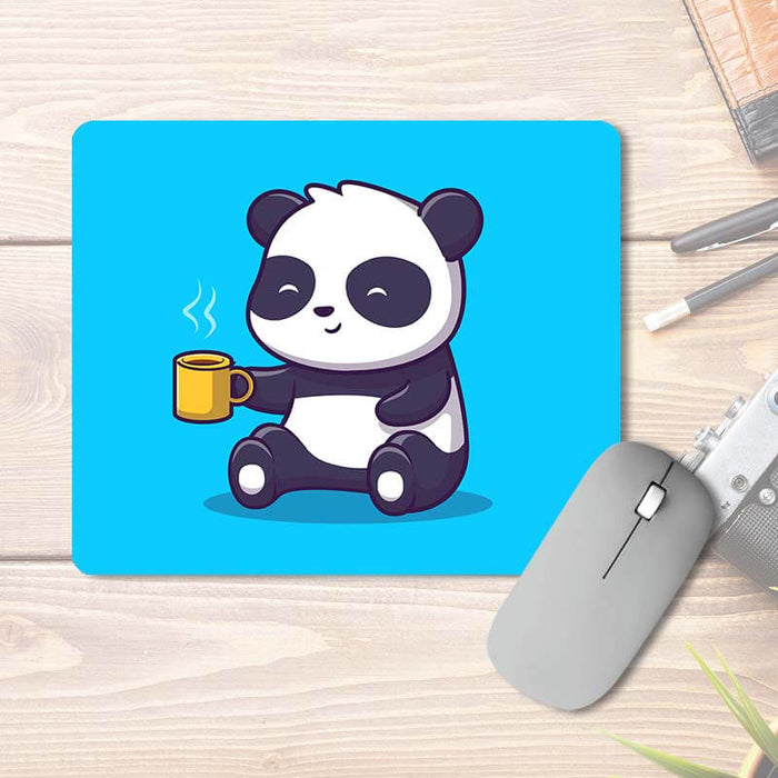 Cute Panda Having Hot Cappucino | Blue | Animal Lover | Printed Mouse Pad