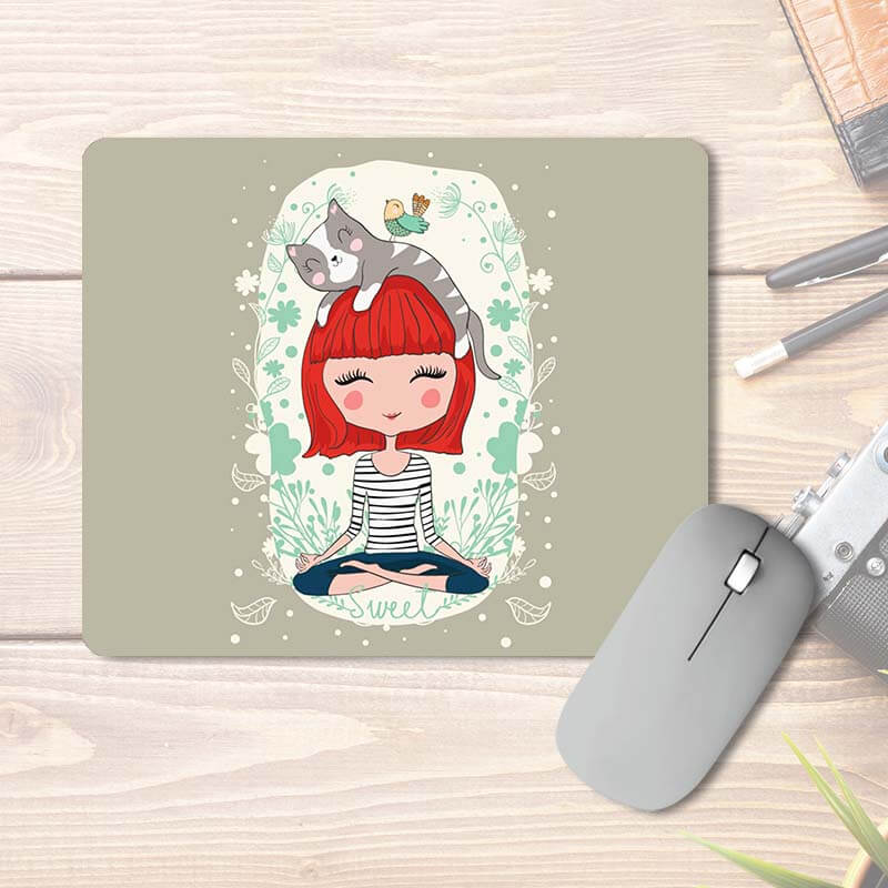 Happy Girl Meditating With Her Kitty Cat In Nature | Printed Mouse Pad
