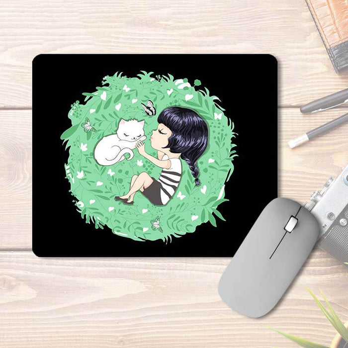 Cute Girl Laying On Grass With A Kitten | Animal Lover | Printed Mouse Pad