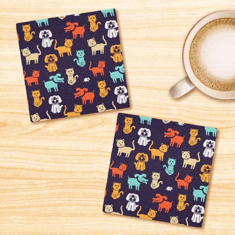 Colorful Abstract Cat Dog & Mouse Quirky Pattern Linen Fabric Coasters Set - For Coffee Table Dining Table Bar & Tea
