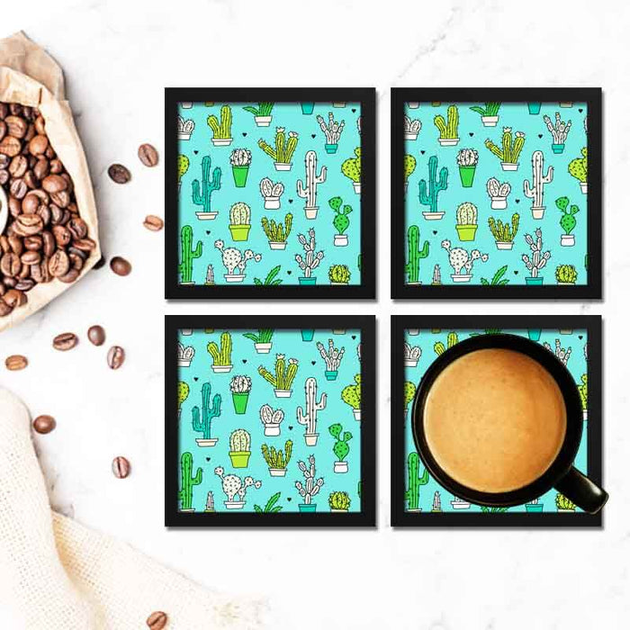 Cute Mini Cactus Garden Succulents Plant Lover Mint Blue Pattern Framed Coasters Set - Coasters For Coffee Table Dining Table Bar & Tea-thesqueakystore.myshopify.com