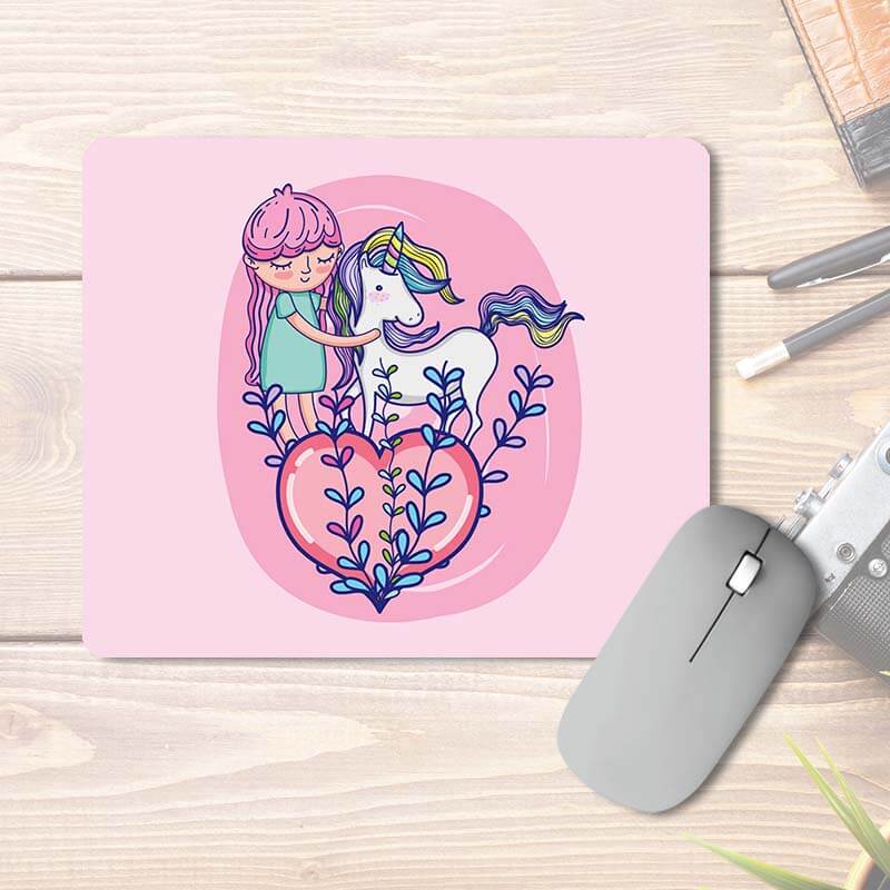 Pretty Girl With Her Baby Unicorn | Pink | Printed Mouse Pad