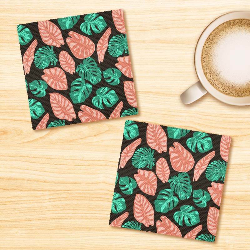 Tropical Green & Pink Leaves Pattern Linen Fabric Coasters Set - For Coffee Table Dining Table Bar & Tea