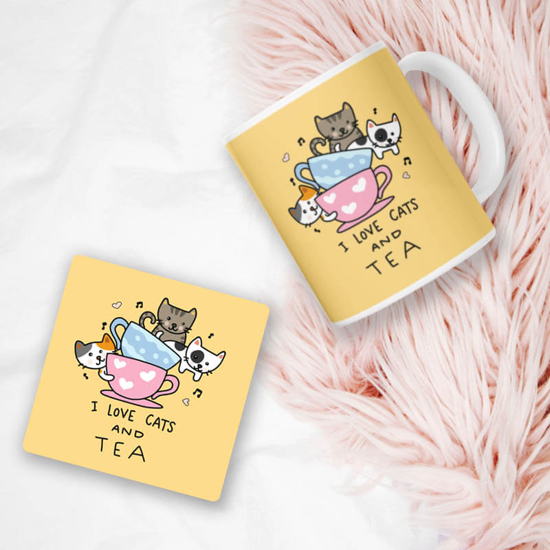I Love Cats And Tea Cute Chai Animal Lover Printed Designer Mug & Coaster-thesqueakystore.myshopify.com