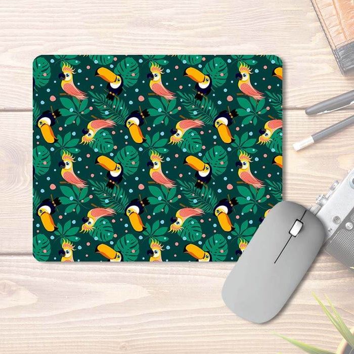 Pretty Birds & Leaves | Toucans | Cockatiels | Green Pattern | Printed Mouse Pad