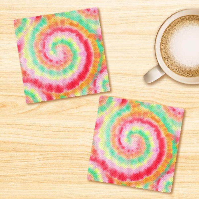 Tie Dye Rainbow Spiral Batik Print Linen Fabric Coasters Set - For Coffee Table Dining Table Bar & Tea