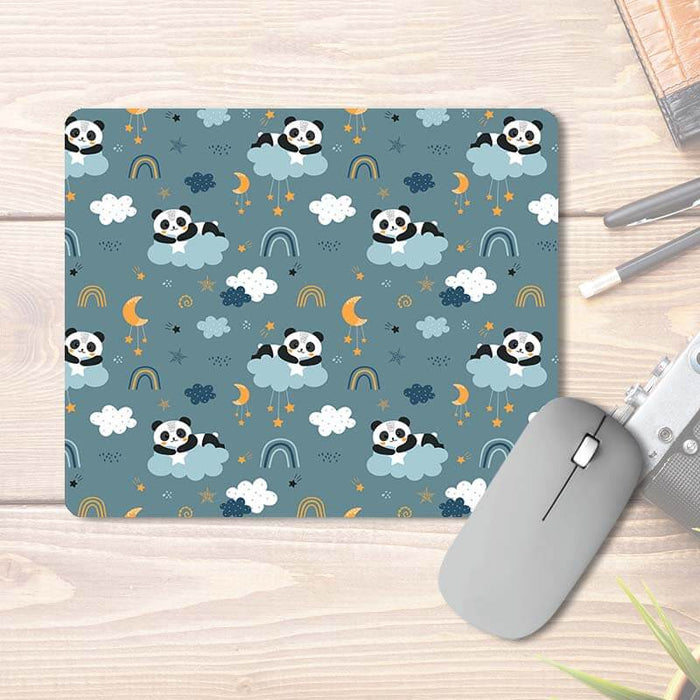 Pandas Sitting On Clouds In The Night Sky Neutral Blue Color Pattern | Printed Mouse Pad