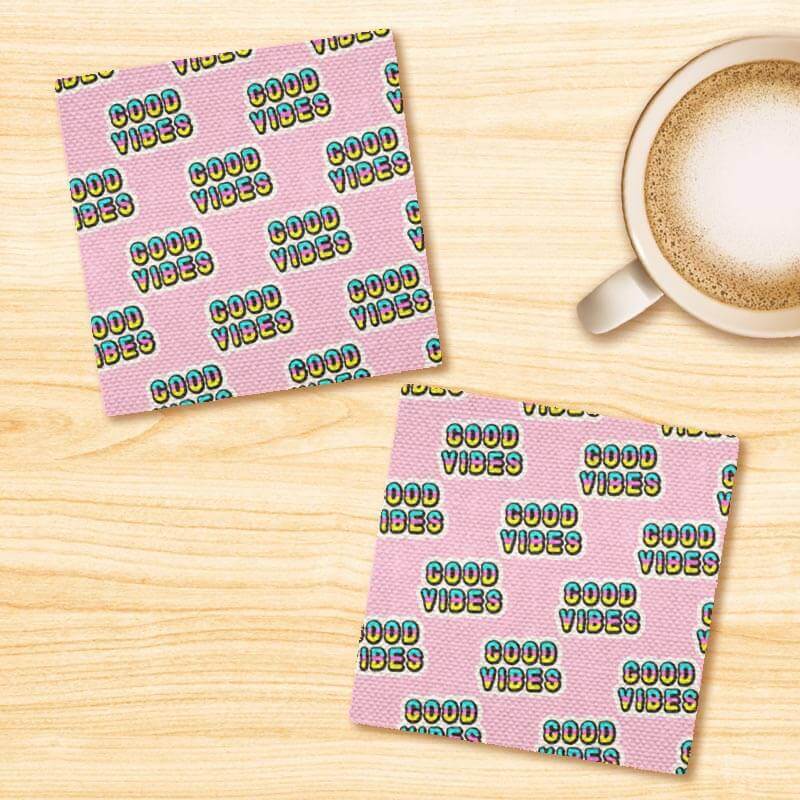 Good Vibes Pastel Pink Positive Quote Pattern Linen Fabric Coasters Set - For Coffee Table Dining Table Bar & Tea