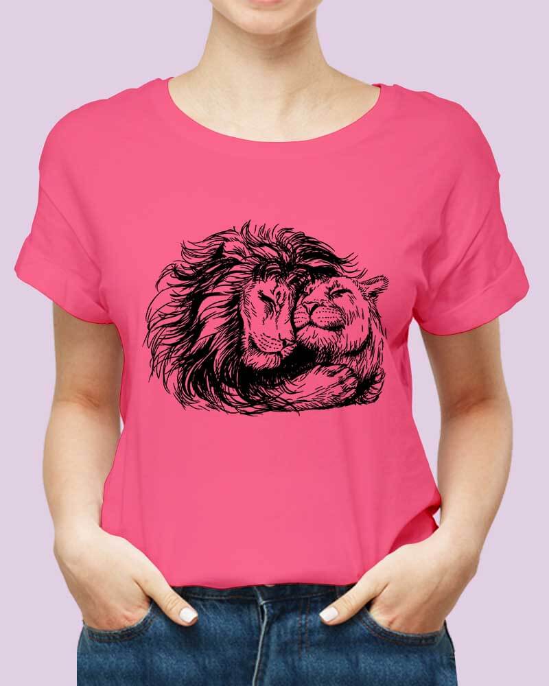 Lion and Lioness Cute Love Neon Pink Unisex Tshirt-thesqueakystore.myshopify.com