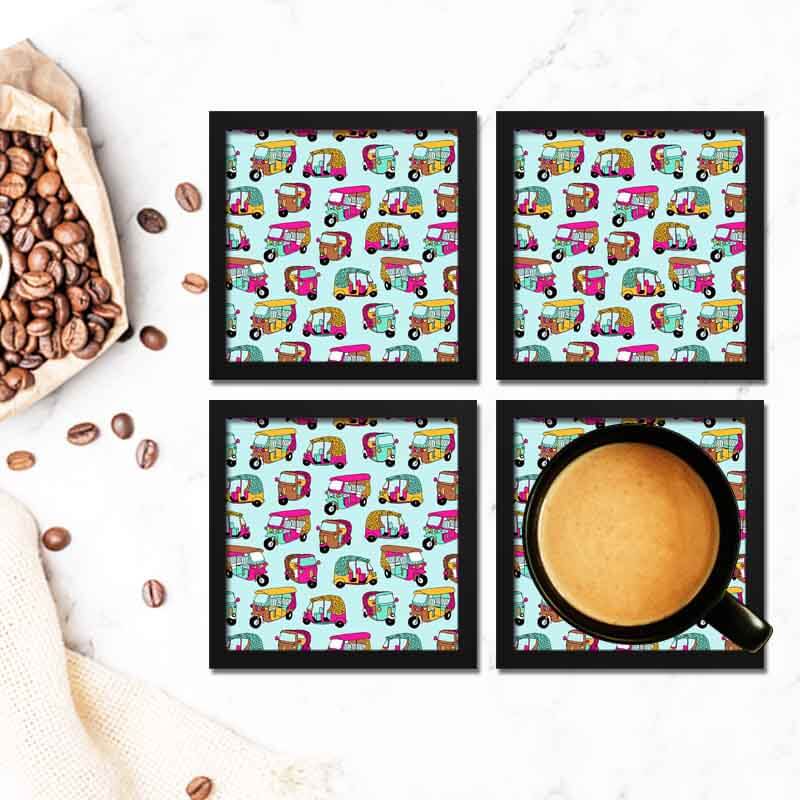 Quirky Indian Rickshaw Vehicle Colorful Pattern Framed Coasters Set - Coasters For Coffee Table Dining Table Bar & Tea-thesqueakystore.myshopify.com